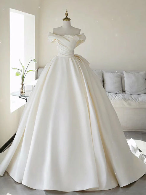 Luolandi Simple A-line Off The Shoulder Satin ivory Long Wedding Dress Elegant Solid Color