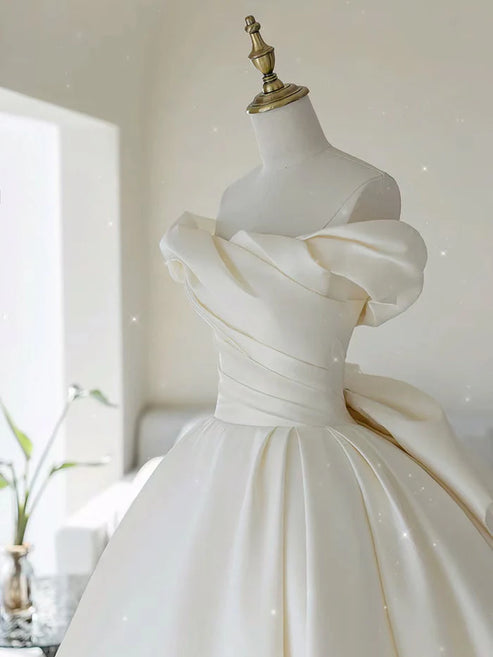 Luolandi Simple A-line Off The Shoulder Satin ivory Long Wedding Dress Elegant Solid Color