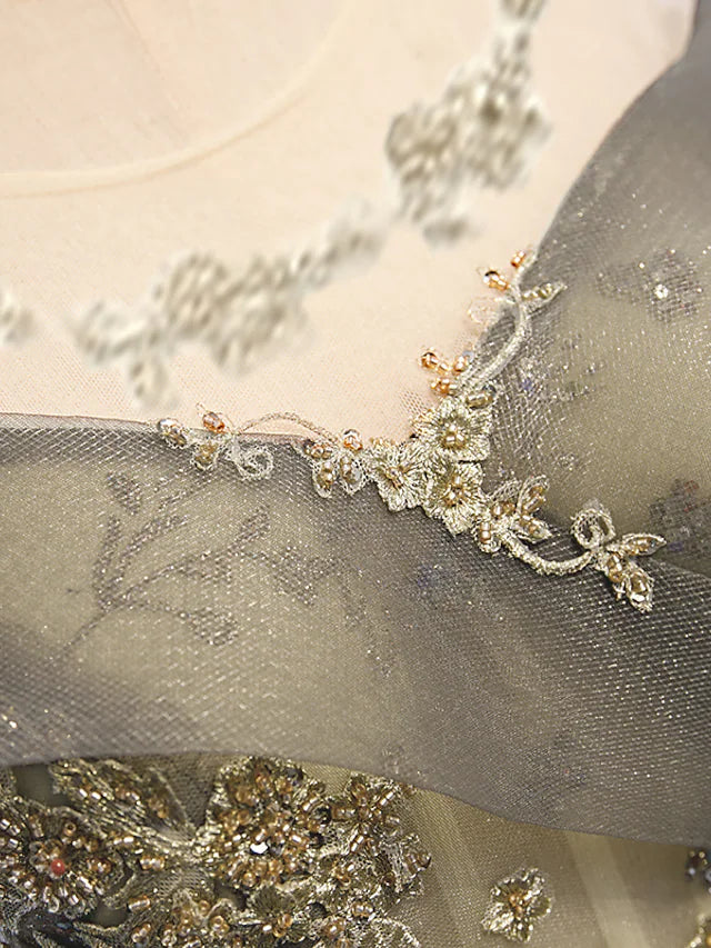 Luolandi A-Line Evening Gown Elegant Dress Wedding Guest Floor Length Short Sleeve Illusion Neck Tulle