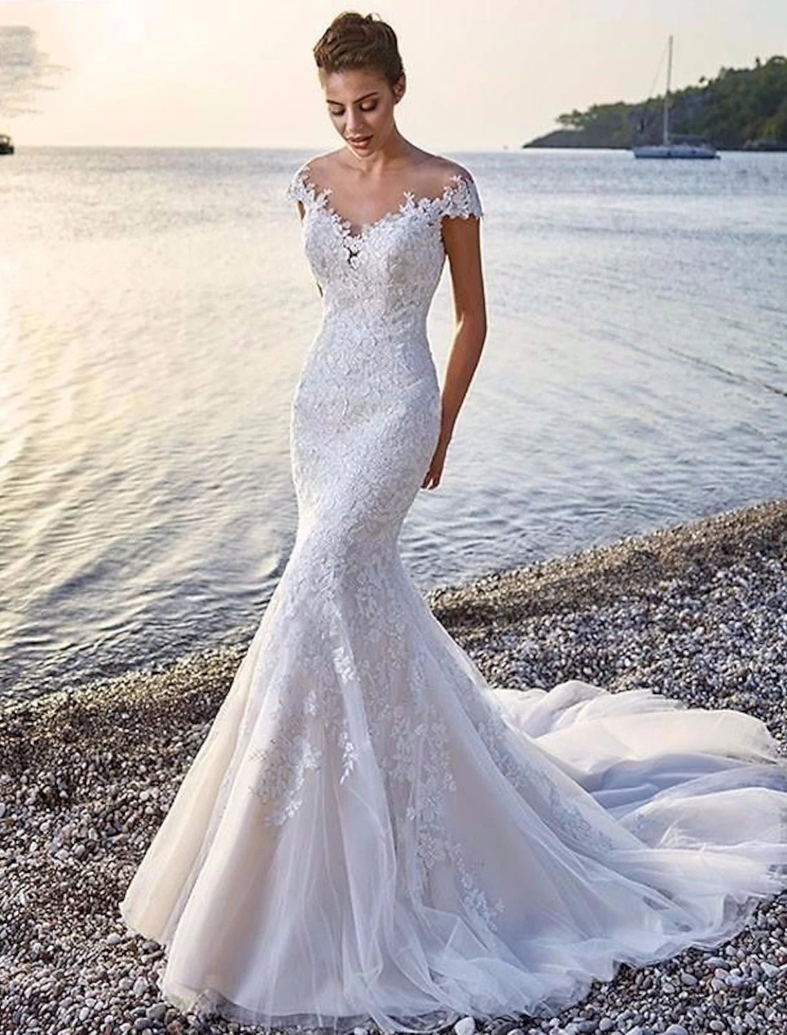 Luolandi Beach Formal Wedding Dresses Mermaid / Trumpet Scoop Neck Off Shoulder Cap Sleeve Court Train Lace Bridal Gowns