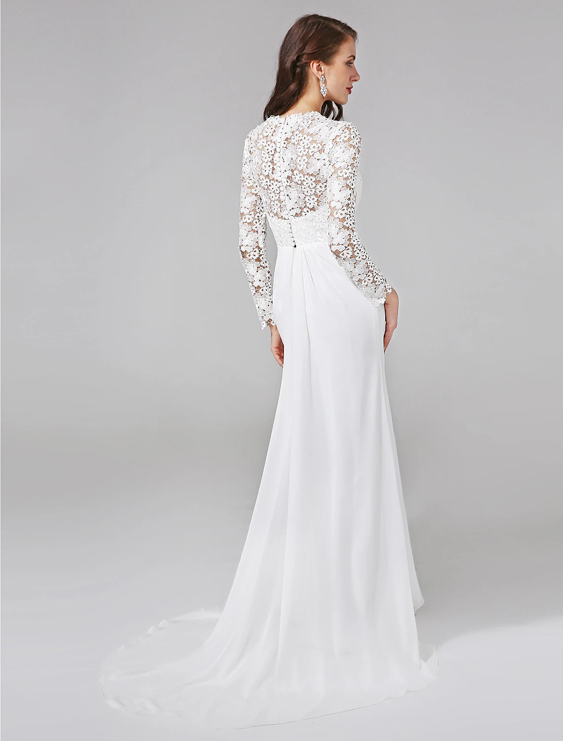 Luolandi Beach Royal Style Boho Wedding Dresses Sweep / Brush Train Sheath / Column Long Sleeve Illusion Neck Chiffon