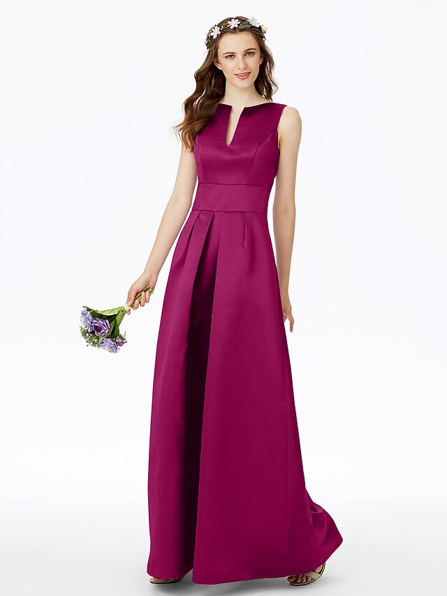 Luolandi A-Line Bridesmaid Dress Notched Sleeveless Elegant Floor Length Satin with Pleats
