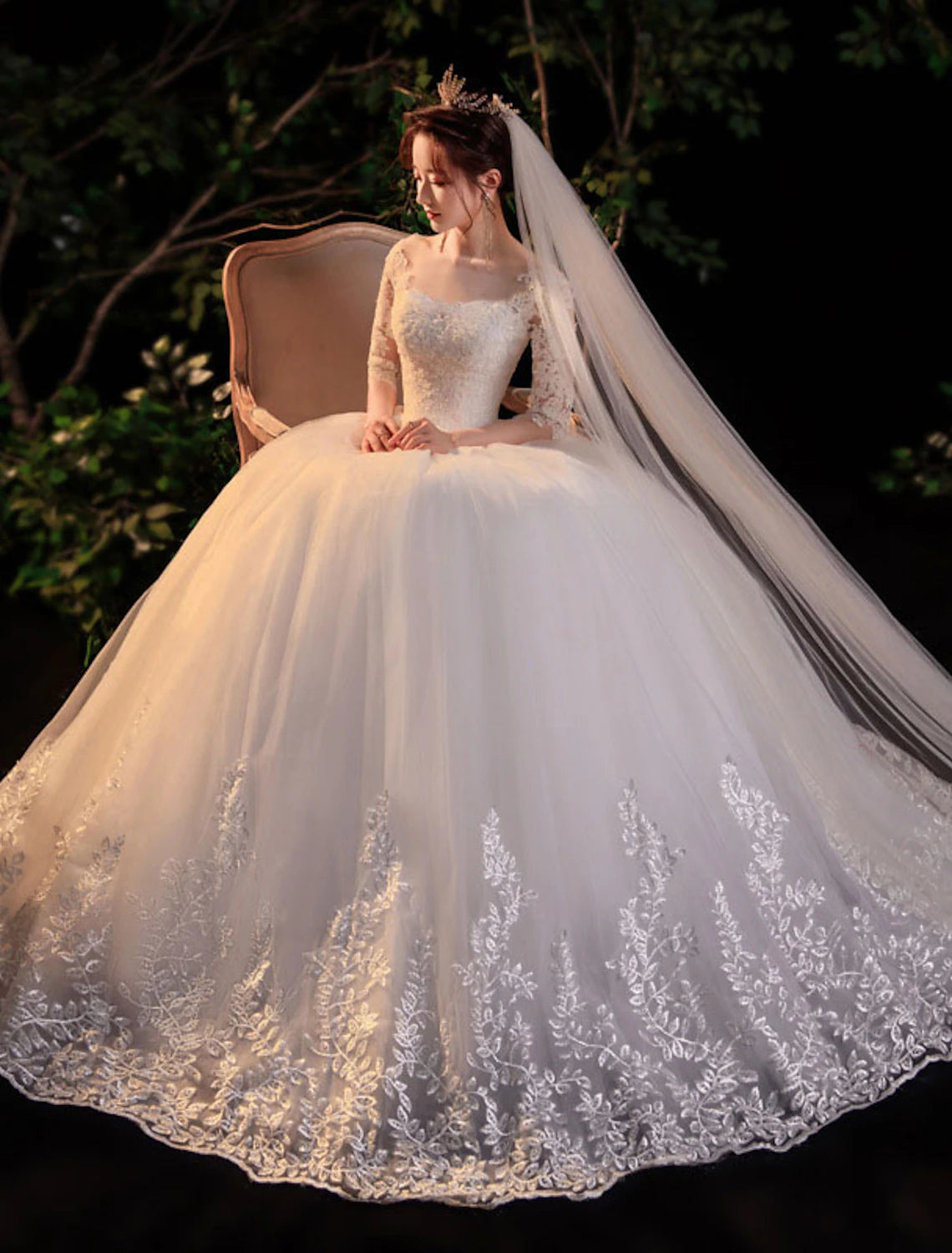 Luolandi Reception Formal Wedding Dresses Ball Gown Illusion Neck Half Sleeve Floor Length Lace Bridal Gowns