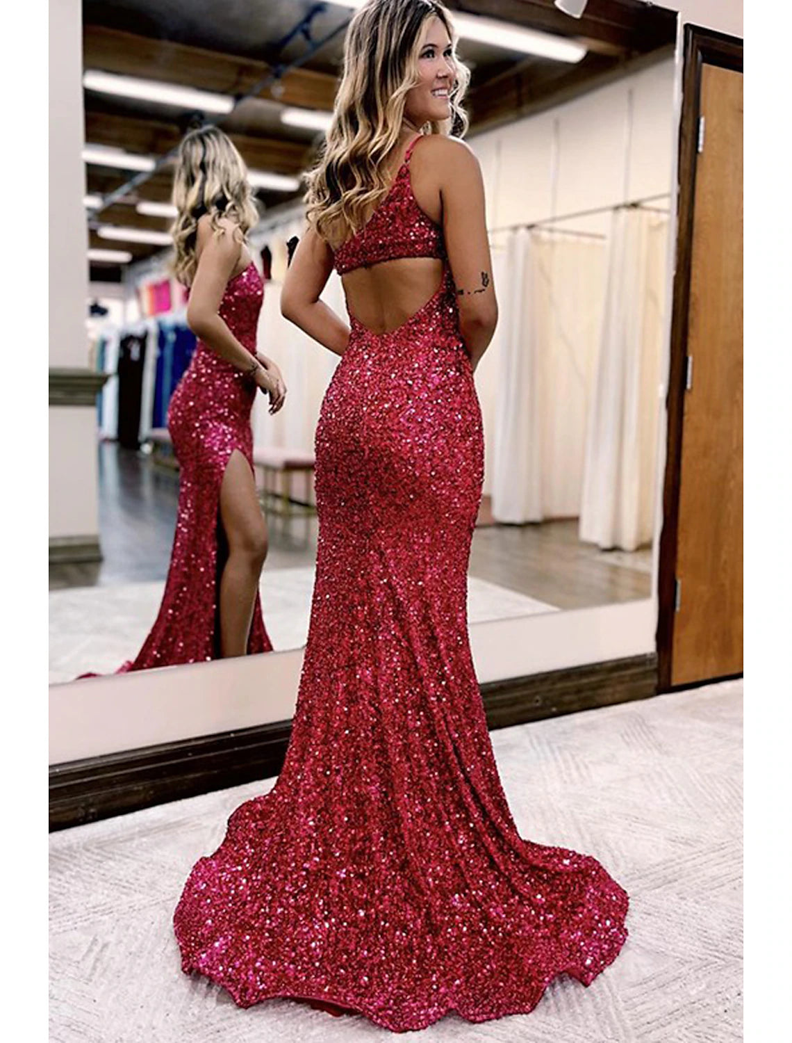 Luolandi Mermaid / Trumpet Prom Dresses Sparkle & Shine Dress Formal Wedding Party Court Train Sleeveless One Shoulder Sequined