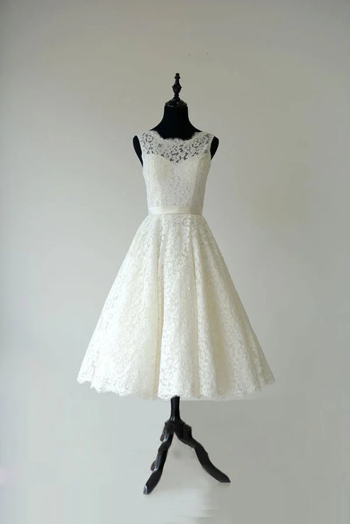 Luolandi Sleeveless Sheer Illusion Neckline Tea Length Garden Bridal Dress With Waistband