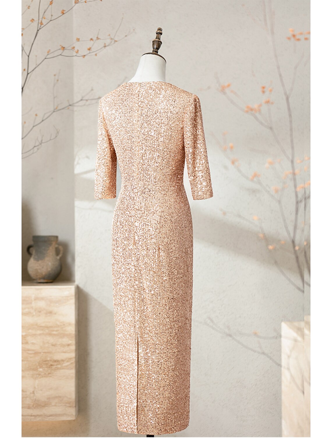 Luolandi Sheath / Column Cocktail Dresses Sparkle & Shine Dress Wedding Party Floor Length Half Sleeve V Neck Sequined with Sequin
