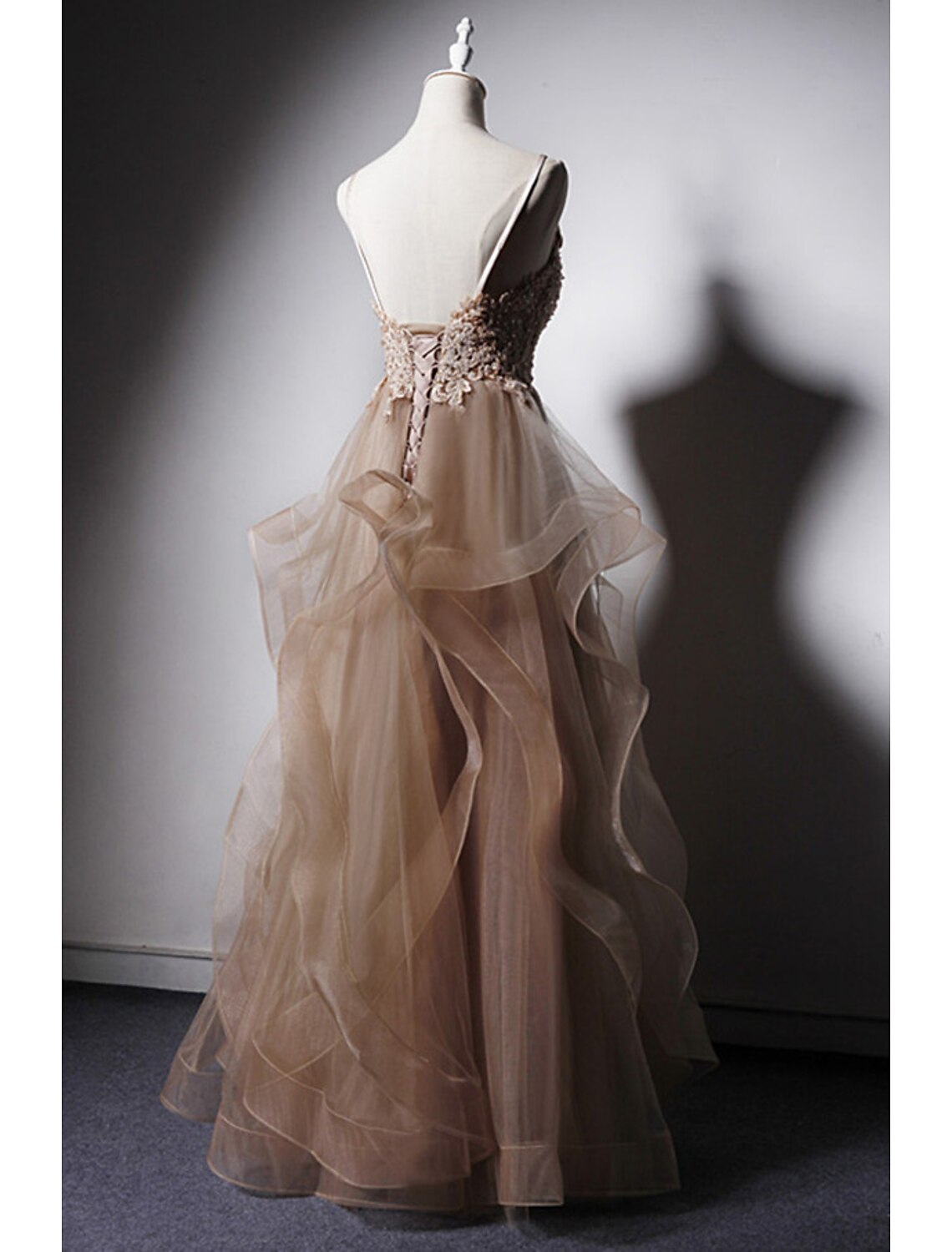 Luolandi A-Line Prom Dresses Open Back Dress Formal Wedding Party Floor Length Sleeveless Spaghetti Strap Lace with Ruffles