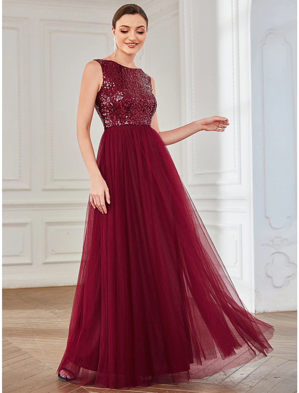 Luolandi A-Line Party Dresses Elegant Dress Wedding Guest Floor Length Sleeveless Jewel Neck Tulle