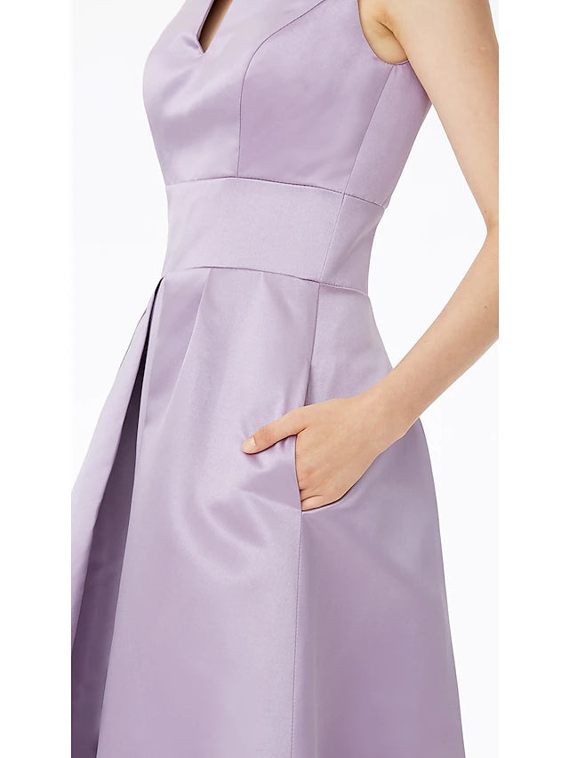 Luolandi A-Line Bridesmaid Dress Notched Sleeveless Elegant Floor Length Satin with Pleats