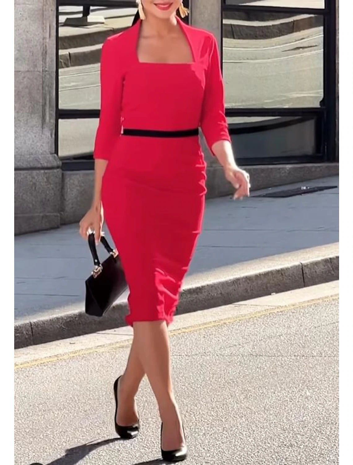 Luolandi Sheath / Column Cocktail Dresses 1950s Dress Evening Party Tea Length 3/4 Length Sleeve Square Neck Fabric