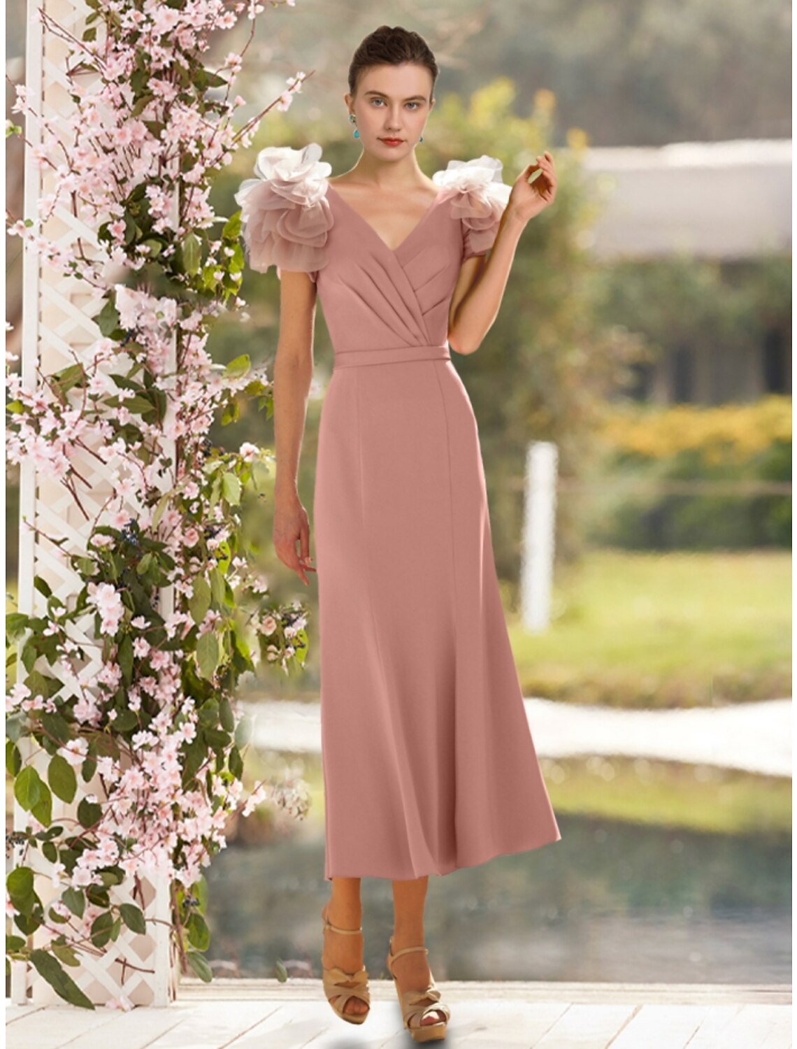 Luolandi A-Line Mother of the Bride Dress Wedding Guest Elegant V Neck Ankle Length Satin Short Sleeve with Cascading