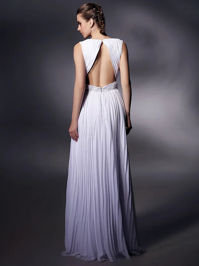 Luolandi Sheath / Column Celebrity Style Dress Prom Floor Length Sleeveless Plunging Neck Chiffon with Beading