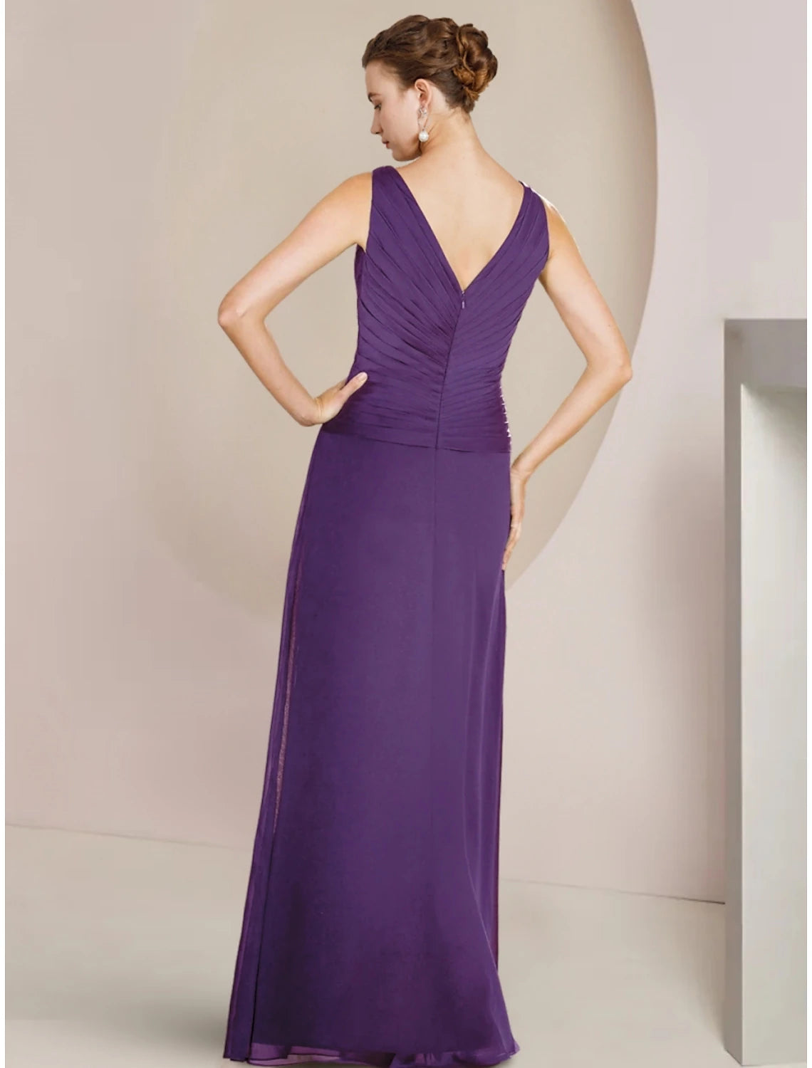 Luolandi A-Line Mother of the Bride Dress Wedding Guest Elegant V Neck Floor Length Chiffon Long Sleeve with Ruffles