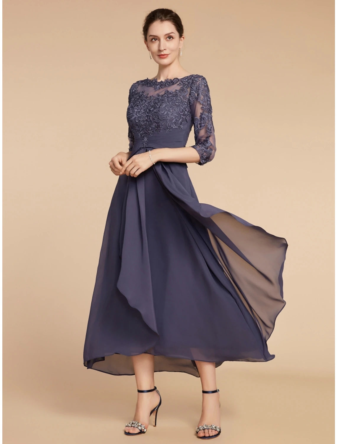Luolandi A-Line Mother of the Bride Dress Wedding Guest Elegant Scoop Neck Ankle Length Chiffon Lace 3/4 Length Sleeve