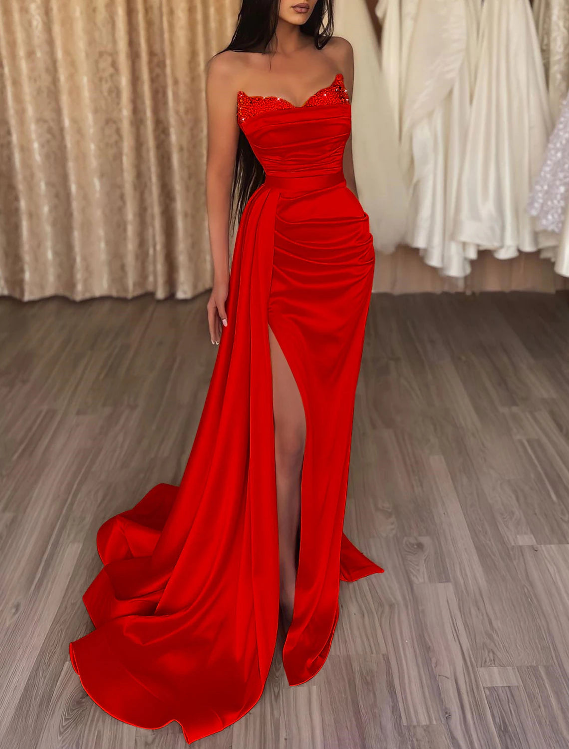 Mermaid Ruched Evening Gown Satin Dress Cocktail Party Prom Court Train Sleeveless Strapless Bridesmaid Dress with Beading Sequin