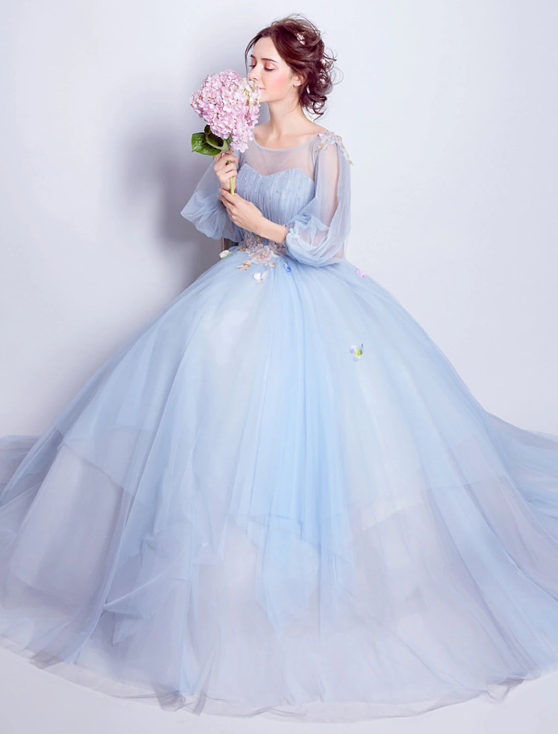 Luolandi Ball Gown Prom Dresses Elegant Dress Quinceanera Engagement Floor Length 3/4 Length Sleeve Illusion Neck Tulle
