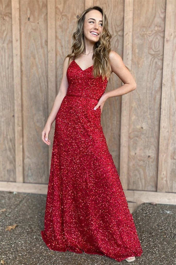 Luolandi Spaghetti Straps Red Sequins Long Prom Dress Sparkly Evening Dress