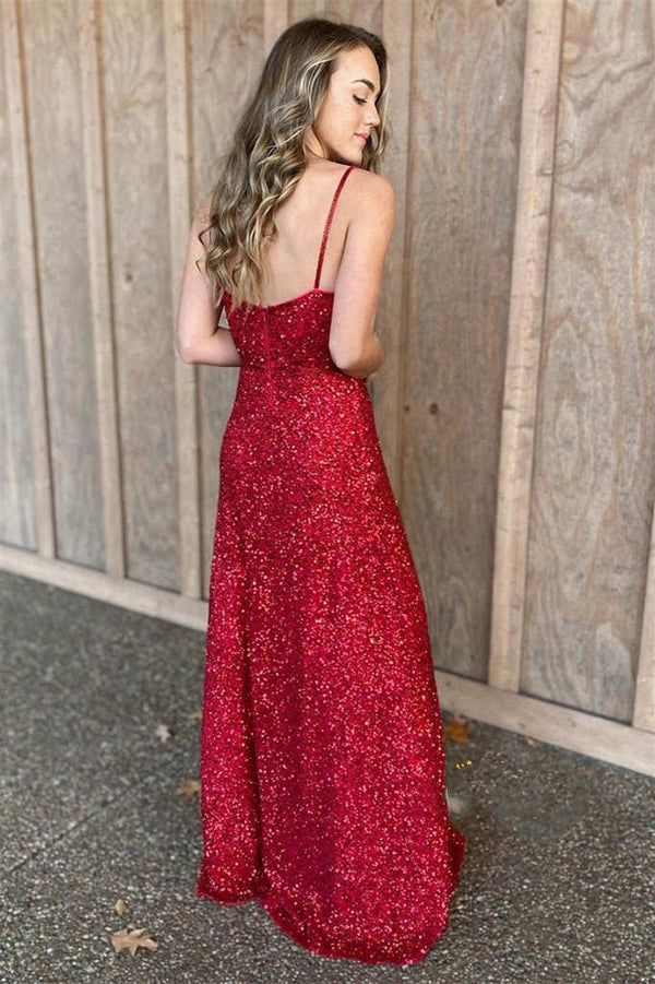 Luolandi Spaghetti Straps Red Sequins Long Prom Dress Sparkly Evening Dress