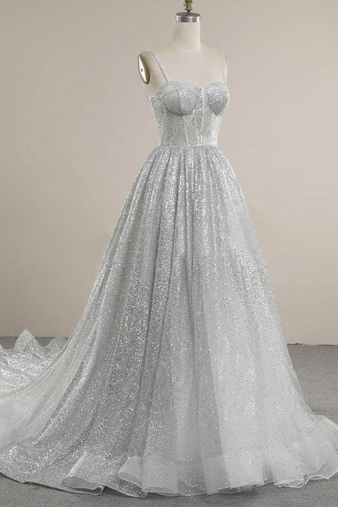 Luolandi Spaghetti Straps Sequins A-line Sparkly Wedding Dress Bridal Gown Sexy Evening Dress