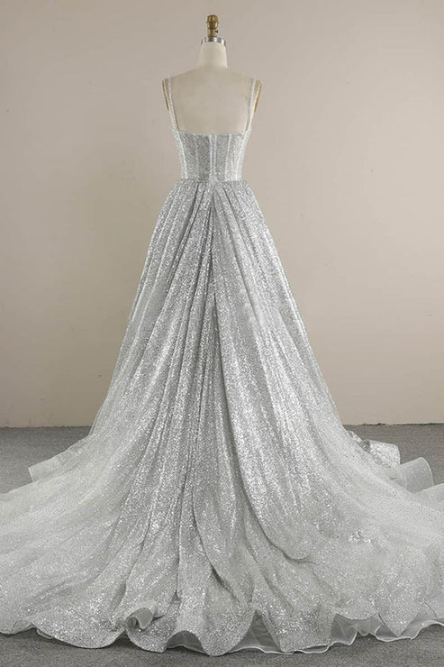 Luolandi Spaghetti Straps Sequins A-line Sparkly Wedding Dress Bridal Gown Sexy Evening Dress