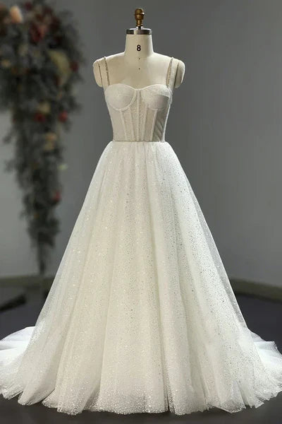 Luolandi Spaghetti Straps Sparkly Bohemian Wedding Dress Floor Length Evening Dress