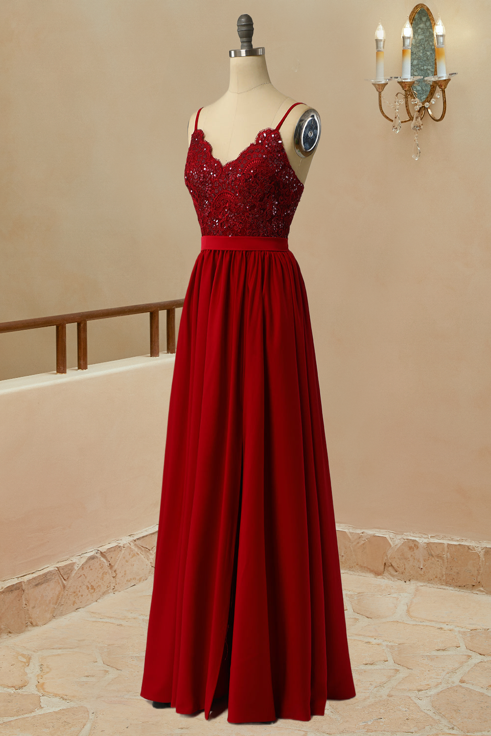 Luolandi Sexy Slit Burgundy Spaghetti Straps Sweetheart Long Prom Dresses Evening Dresses