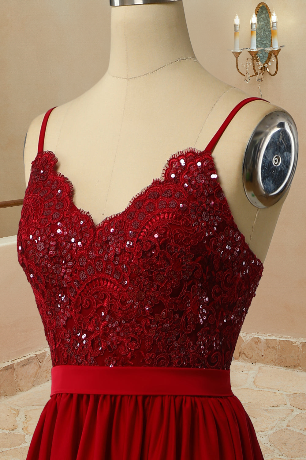 Luolandi Sexy Slit Burgundy Spaghetti Straps Sweetheart Long Prom Dresses Evening Dresses