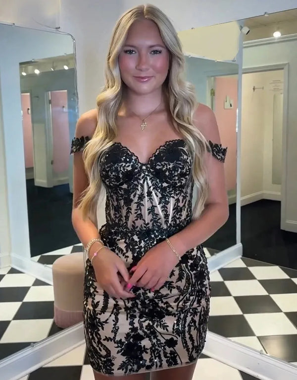 Luolandi Sparkly Black Tight Off-the-Shoulder Corset Homecoming Dress with Appliques Sexy Party Dress