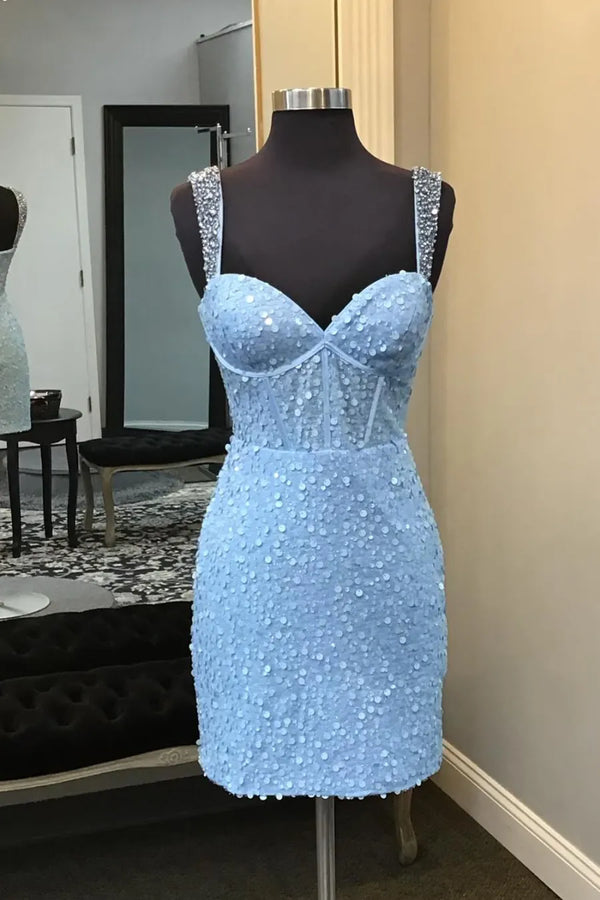Luolandi Light Blue Spaghetti Straps Sequins Bodycon Short Corset Homecoming Dress Party Dress