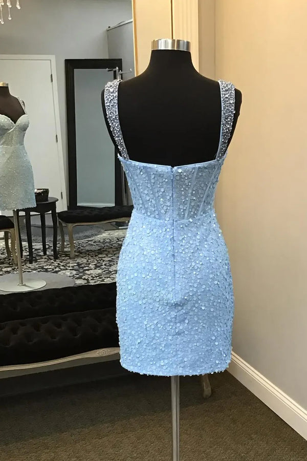 Luolandi Light Blue Spaghetti Straps Sequins Bodycon Short Corset Homecoming Dress Party Dress