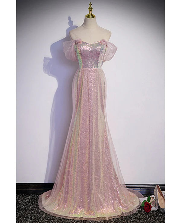 Luolandi Sparkling powder blusher pink sequins off shoulder short sleeve evening dress powder trumpet/mermaid open back zipper sweep tail prom dress