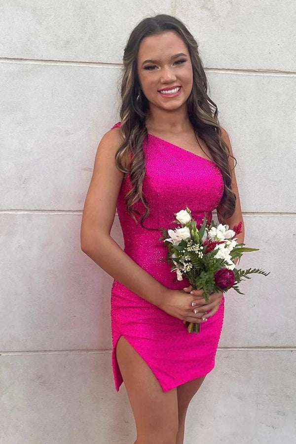 Luolandi Sparkly Royal Blue One Shoulder Tight Homecoming Dress with Slit Sexy Party Dress