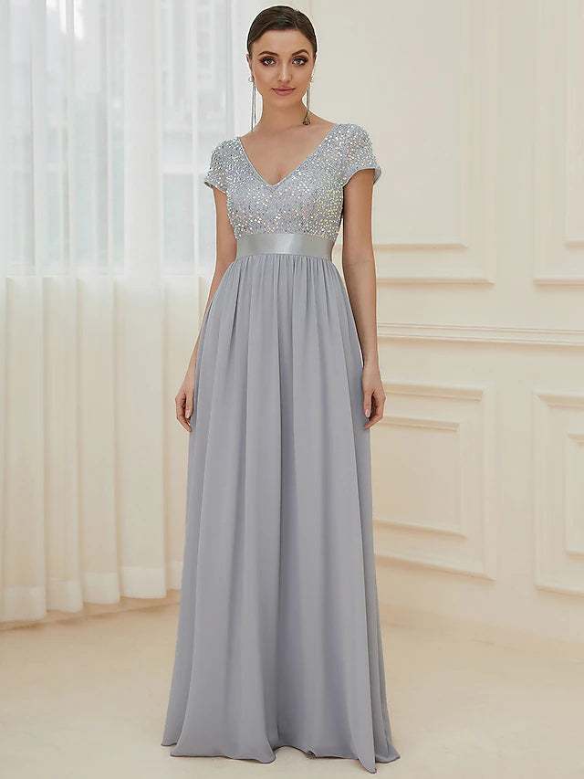 Luolandi A-Line Bridesmaid Dress V Neck Short Sleeve Elegant Floor Length Chiffon