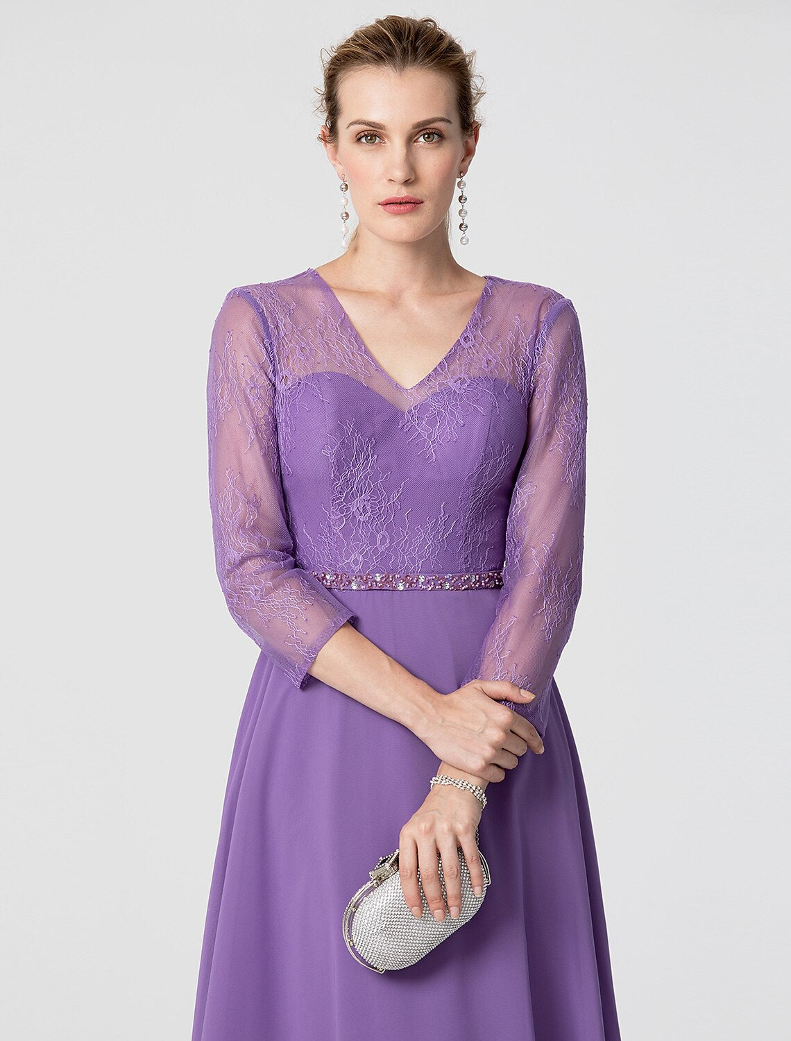 Luolandi A-Line Elegant Holiday Cocktail Party Formal Evening Dress V Neck 3/4 Length Sleeve Floor Length Chiffon Lace with Sash / Ribbon Beading