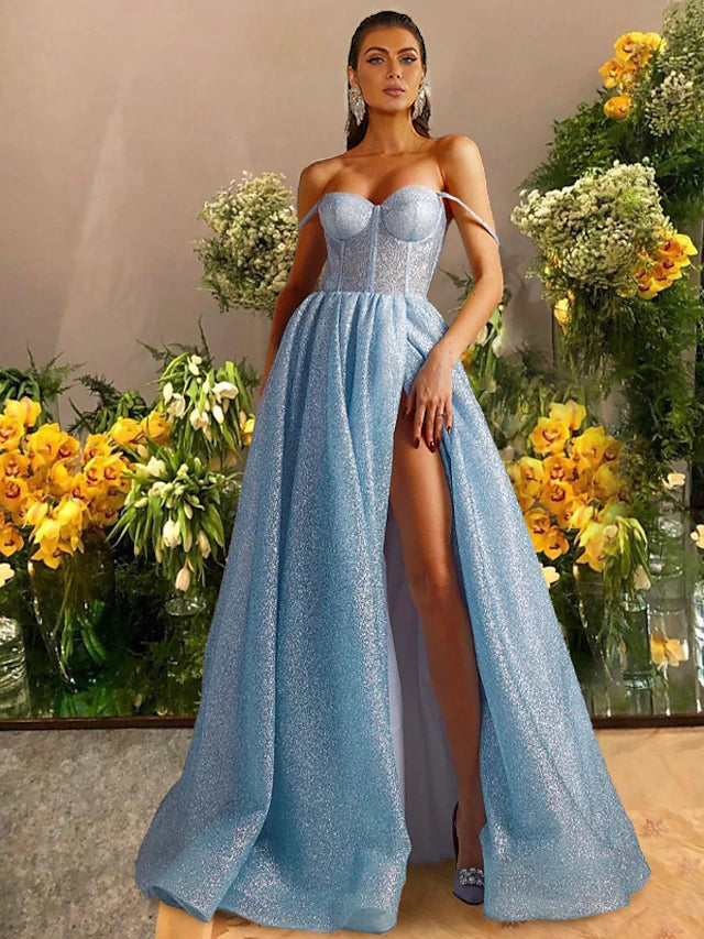 Luolandi A-Line Prom Dresses Sparkle & Shine Dress Prom Floor Length Sleeveless Sweetheart Tulle with Glitter