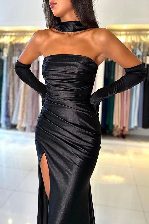 Luolandi Unique strapless satin pleated black mermaid formal dress with slit for evening dress Without Gloves