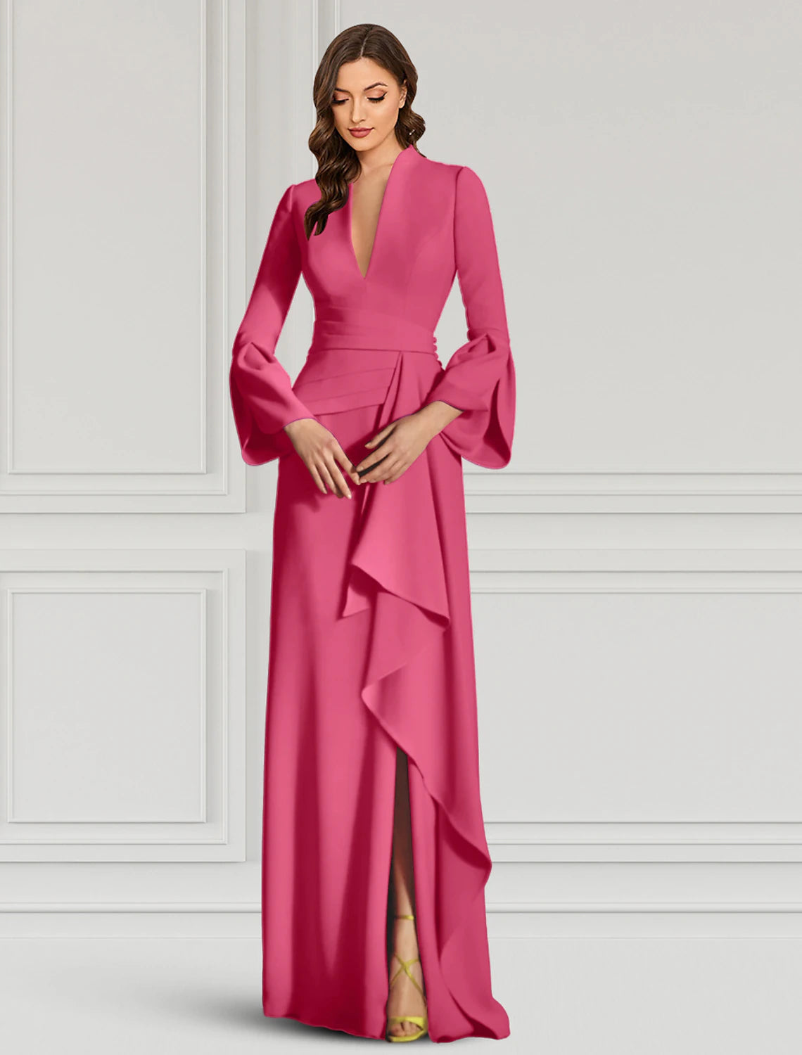 Luolandi Sheath Evening Gown Elegant Black Dress Formal Cocktail Party Dress Floor Length Long Sleeve V Neck Fall Wedding Guest Fabric