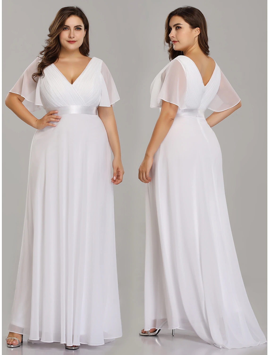 A-Line Empire Fall Wedding Guest Dress For Bridesmaid Plus Size Formal Evening Dress V Neck Short Sleeve Floor Length Chiffon