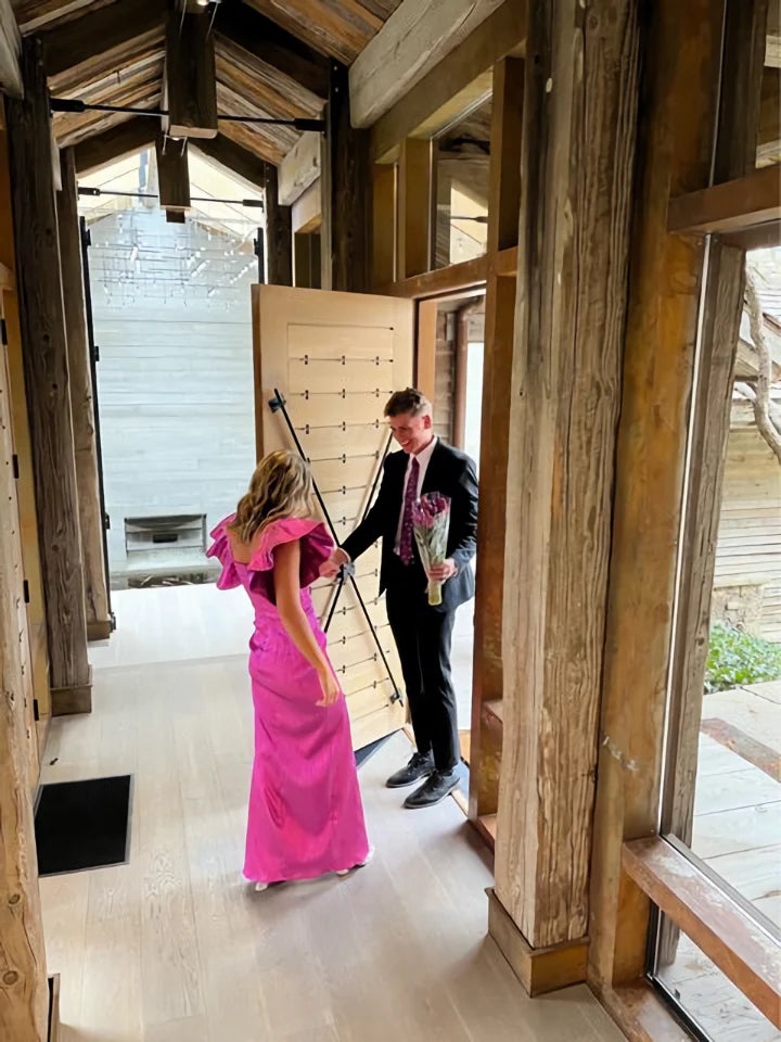 Luolandi Elegant Square Neck Short Sleeves Long Prom Dress with Slit Charming Party Dress