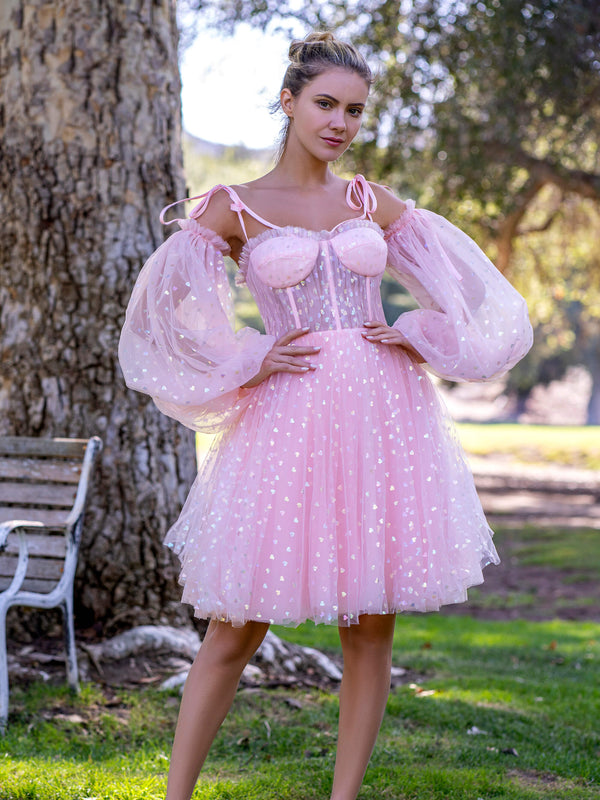 Luolandi Corset Glitter Hearts Above Knee Length Tulle Dress Long Sleeve Beautiful Homecoming Dress