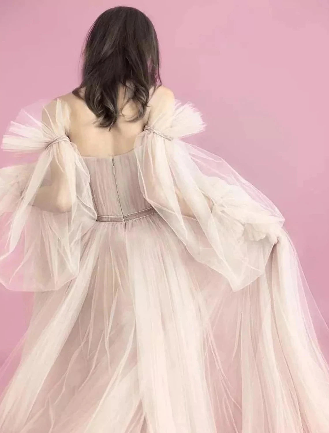 Luolandi A-Line Elegant Boho Engagement Formal Evening Birthday Dress Scoop Neck Long Sleeve Sweep / Brush Train Tulle with Pleats