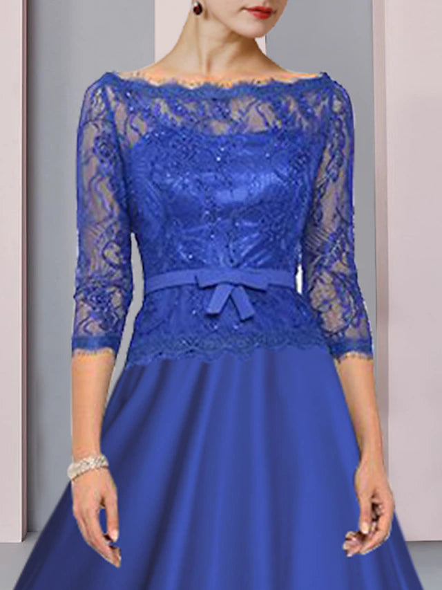 Luolandi A-Line Mother of the Bride Dress Formal Wedding Guest Party Elegant Scoop Neck Tea Length Satin Lace 3/4 Length Sleeve with Bow(s)