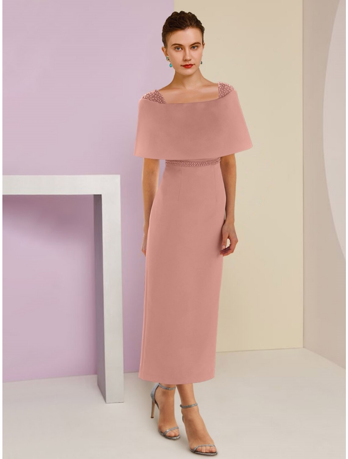 Luolandi A-Line Mother of the Bride Dress Wedding Guest Elegant Off Shoulder Ankle Length Fabric Short Sleeve with Beading