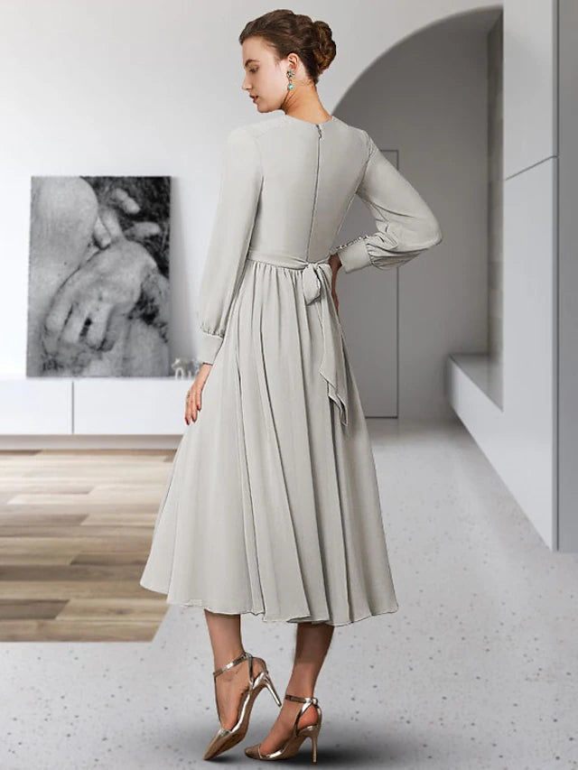 Luolandi A-Line Mother of the Bride Dress Elegant Jewel Neck Tea Length Chiffon Long Sleeve with Bow(s)