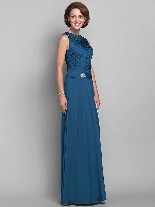 Luolandi Sheath / Column Mother of the Bride Dress Vintage Inspired Jewel Neck Floor Length Satin Chiffon Sleeveless