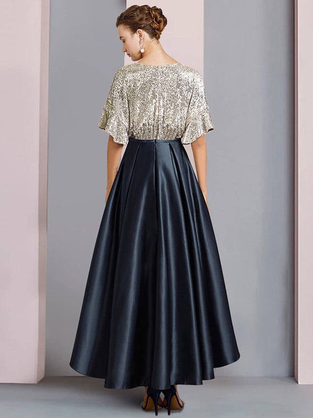 Luolandi A-Line Mother of the Bride Dress Wedding Guest Elegant Sparkle & Shine High Low V Neck Asymmetrical Tea Length Satin Sequined Short Sleeve