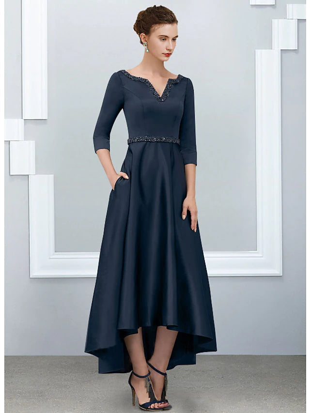 Luolandi A-Line Mother of the Bride Dress Elegant High Low V Neck Asymmetrical Ankle Length Satin Half Sleeve