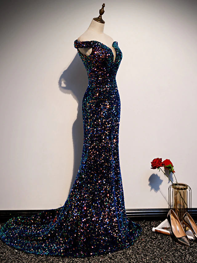 Luolandi Mermaid / Trumpet Mother of the Bride Dress Wedding Guest Elegant Sparkle & Shine Off Shoulder Sweep / Brush Train Sequined Cap Sleeve