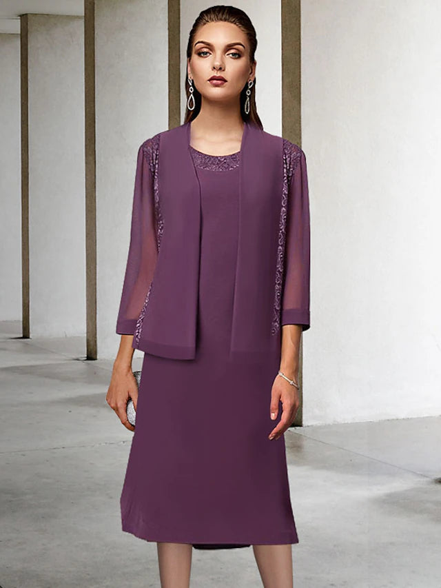 Luolandi Two Piece A-Line Mother of the Bride Dress Elegant Jewel Neck Tea Length Chiffon Lace Sleeveless Wrap Included