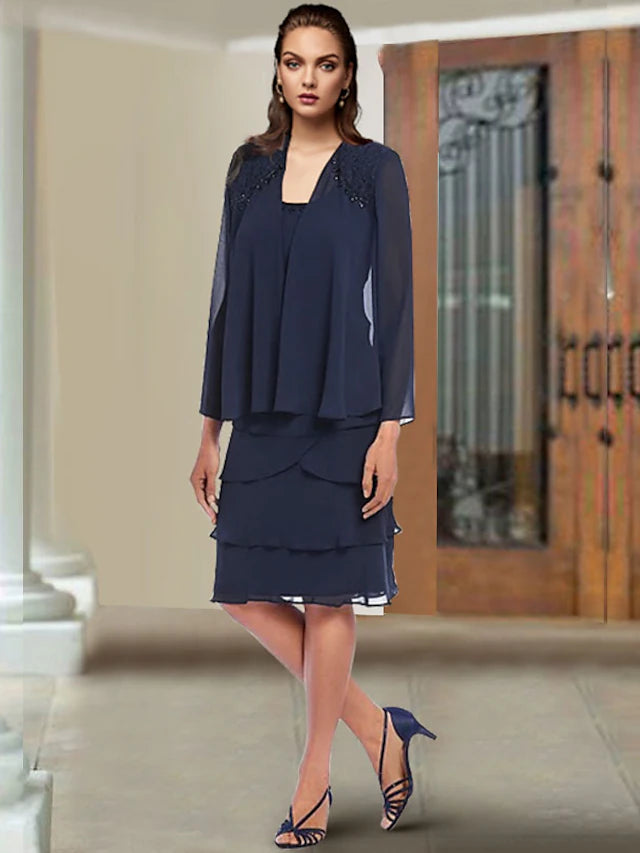 Luolandi Two Piece Sheath / Column Mother of the Bride Dress Elegant Scoop Neck Knee Length Chiffon Lace Sleeveless Wrap Included with Beading